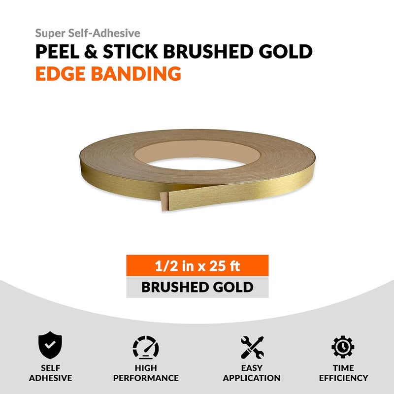 LEAFLEX Brushed Gold 1/2 inch x 25 ft PVC Edge Banding Peel Stick Tape Adhesive Metal Edging Veneer Furniture Aluminum Trim MDF Wood Cabinet Flexible Strip Molding Laminate Shelf Countertop Formica Plywood - Image 2